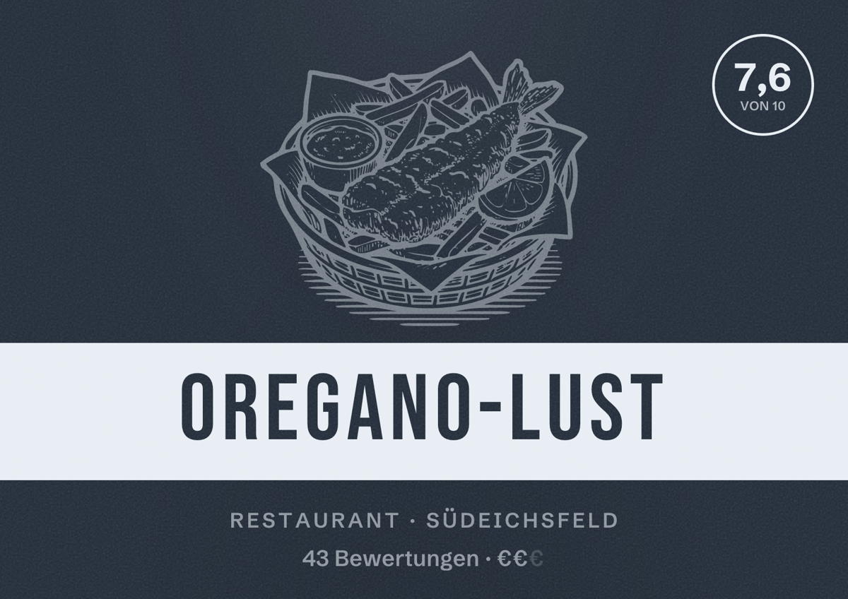 Illustriertes Poster von Oregano-LuSt, Restaurant in Südeichsfeld: Bewertung 7,6 von 10 aus 43 Bewertungen, Preisniveau €€