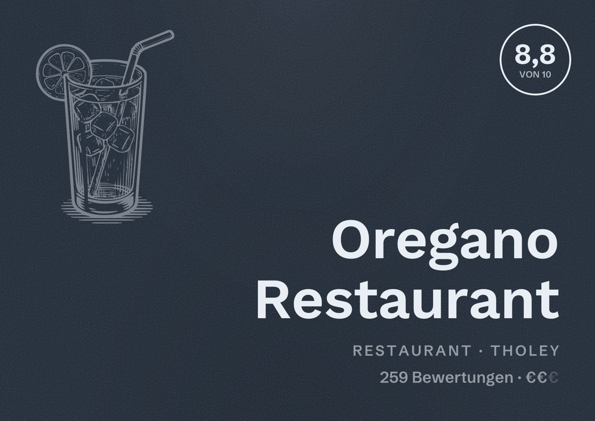 Illustriertes Poster von Oregano Restaurant, Restaurant in Tholey: Bewertung 8,8 von 10 aus 259 Bewertungen, Preisniveau €€