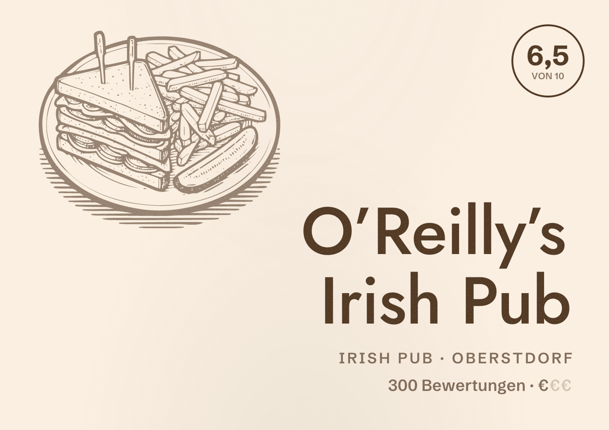Illustriertes Poster von O’Reilly’s Irish Pub, Irish Pub in Oberstdorf: Bewertung 6,5 von 10 aus 300 Bewertungen, Preisniveau €