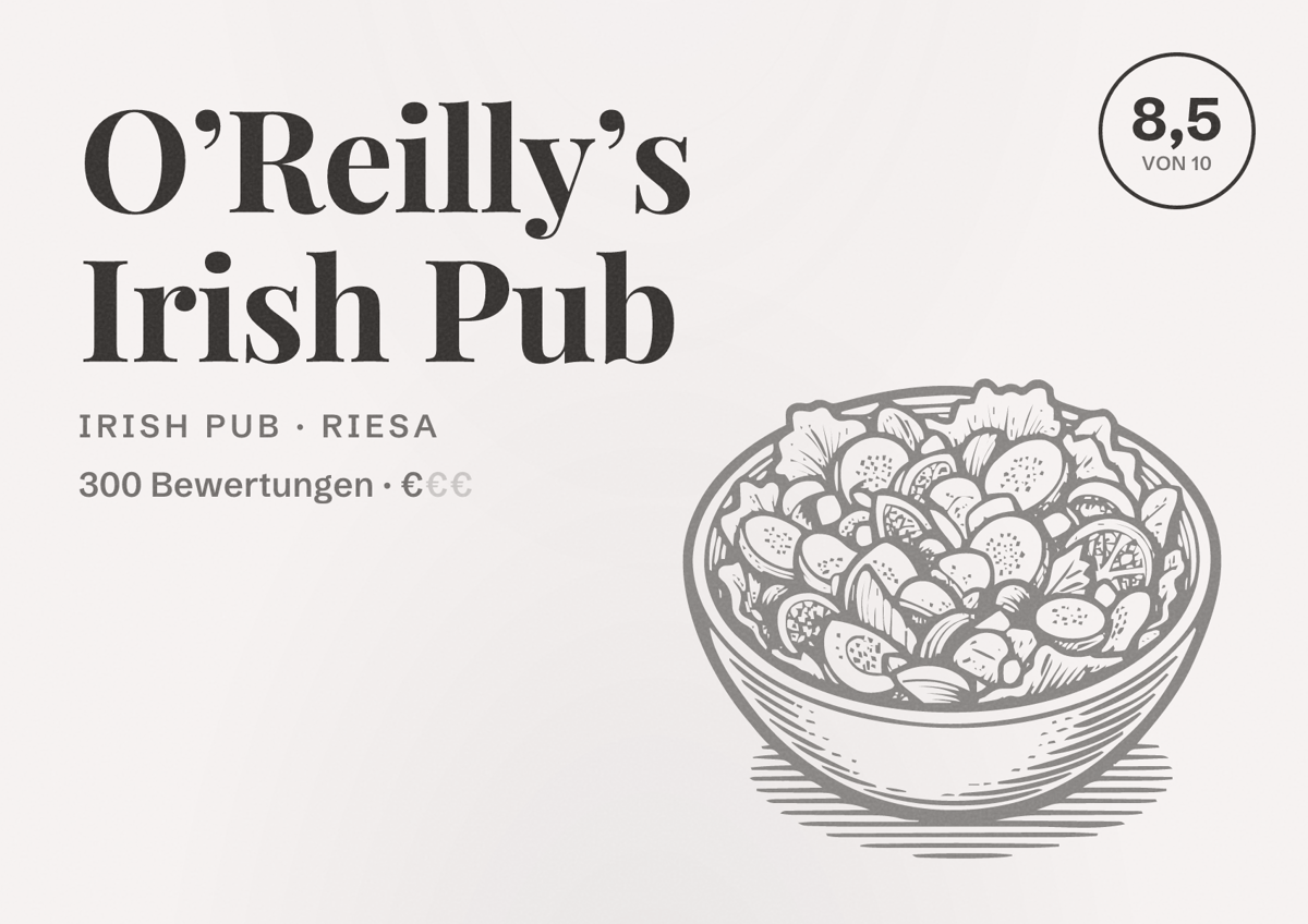 Illustriertes Poster von O’Reilly’s Irish Pub, Irish Pub in Riesa: Bewertung 8,5 von 10 aus 300 Bewertungen, Preisniveau €