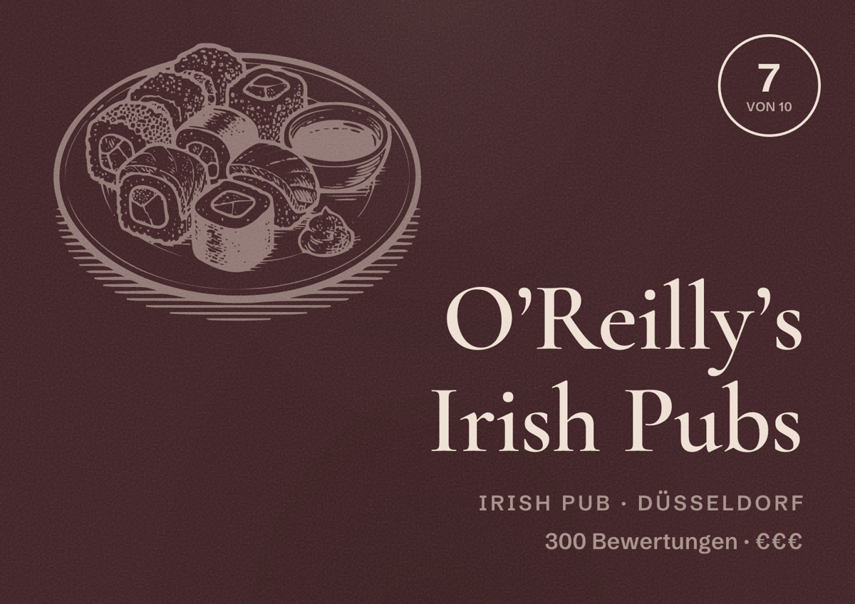Illustriertes Poster von O’Reilly’s Irish Pubs, Irish Pub in Düsseldorf: Bewertung 7,0 von 10 aus 300 Bewertungen, Preisniveau €€€