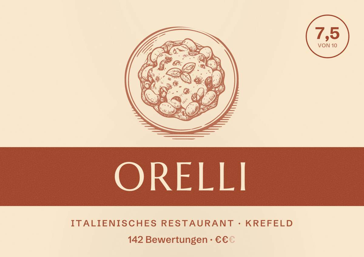 Illustriertes Poster von ORELLI, Italienisches Restaurant in Krefeld: Bewertung 7,5 von 10 aus 142 Bewertungen, Preisniveau €€