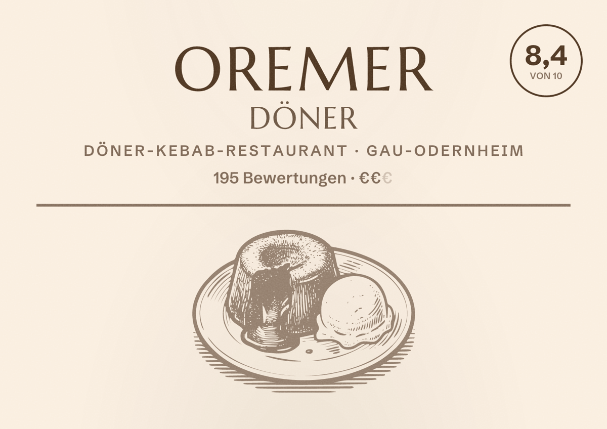 Illustriertes Poster von Oremer Döner, Döner-Kebab-Restaurant in Gau-Odernheim: Bewertung 8,4 von 10 aus 195 Bewertungen, Preisniveau €€