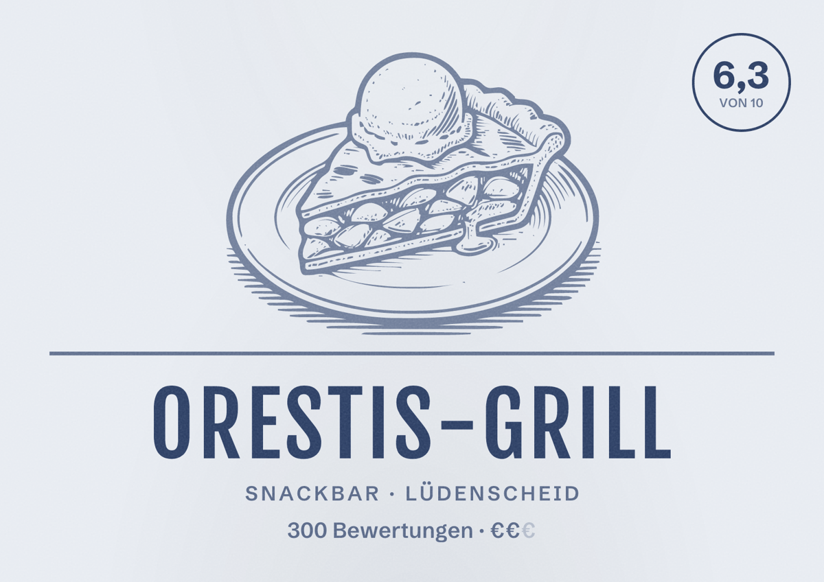 Illustriertes Poster von Orestis-Grill, Snackbar in Lüdenscheid: Bewertung 6,3 von 10 aus 300 Bewertungen, Preisniveau €€