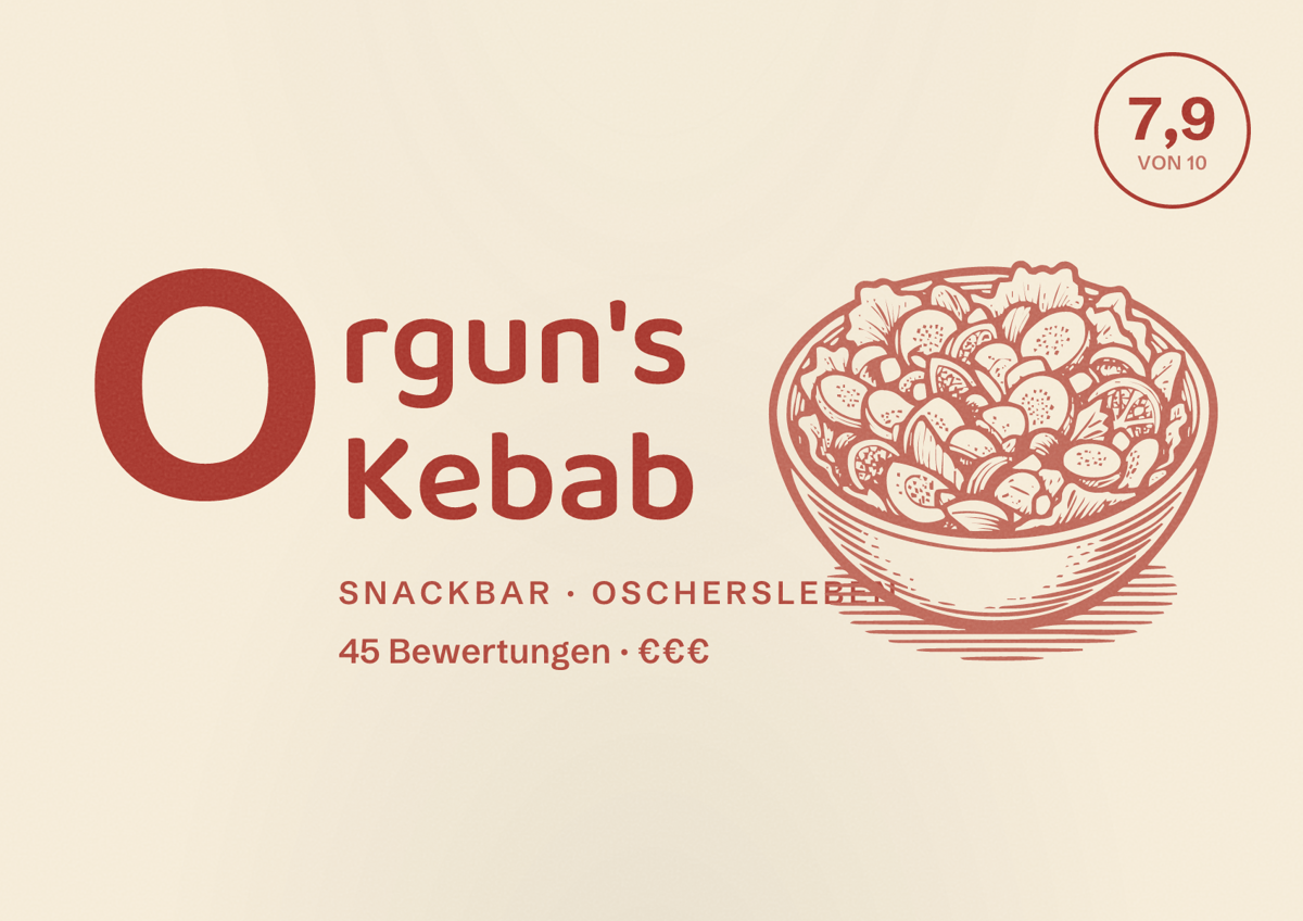 Illustriertes Poster von Orgun's Kebab, Snackbar in Oschersleben: Bewertung 7,9 von 10 aus 45 Bewertungen, Preisniveau €€€