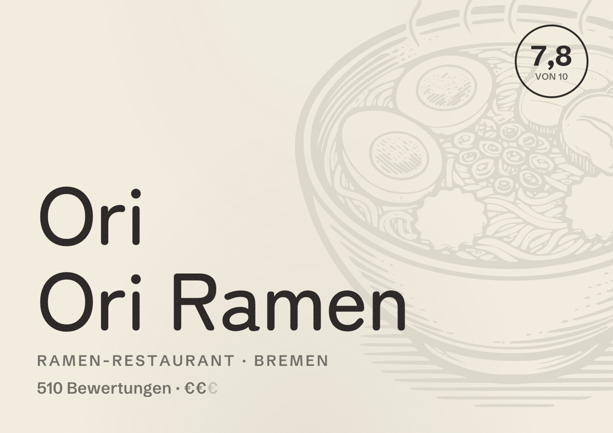 Illustriertes Poster von Ori Ori Ramen, Ramen-Restaurant in Bremen: Bewertung 7,8 von 10 aus 510 Bewertungen, Preisniveau €€