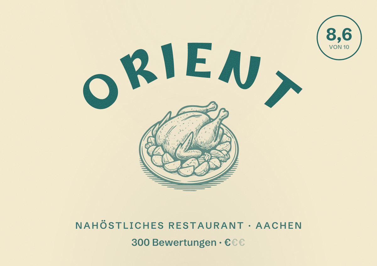 Illustriertes Poster von Orient, Nahöstliches Restaurant in Aachen: Bewertung 8,6 von 10 aus 300 Bewertungen, Preisniveau €