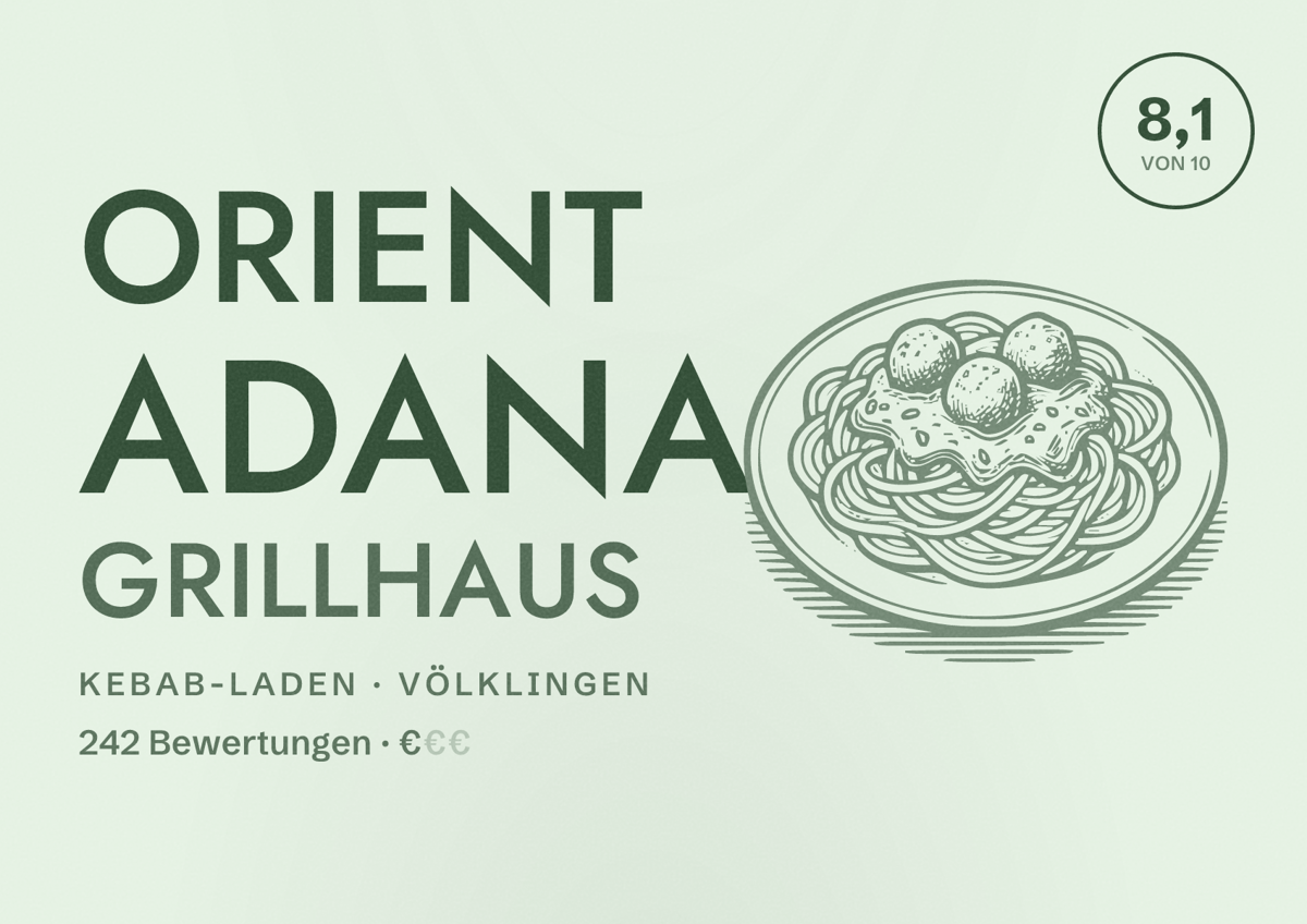 Illustriertes Poster von Orient Adana Grillhaus, Kebab-Laden in Völklingen: Bewertung 8,1 von 10 aus 242 Bewertungen, Preisniveau €