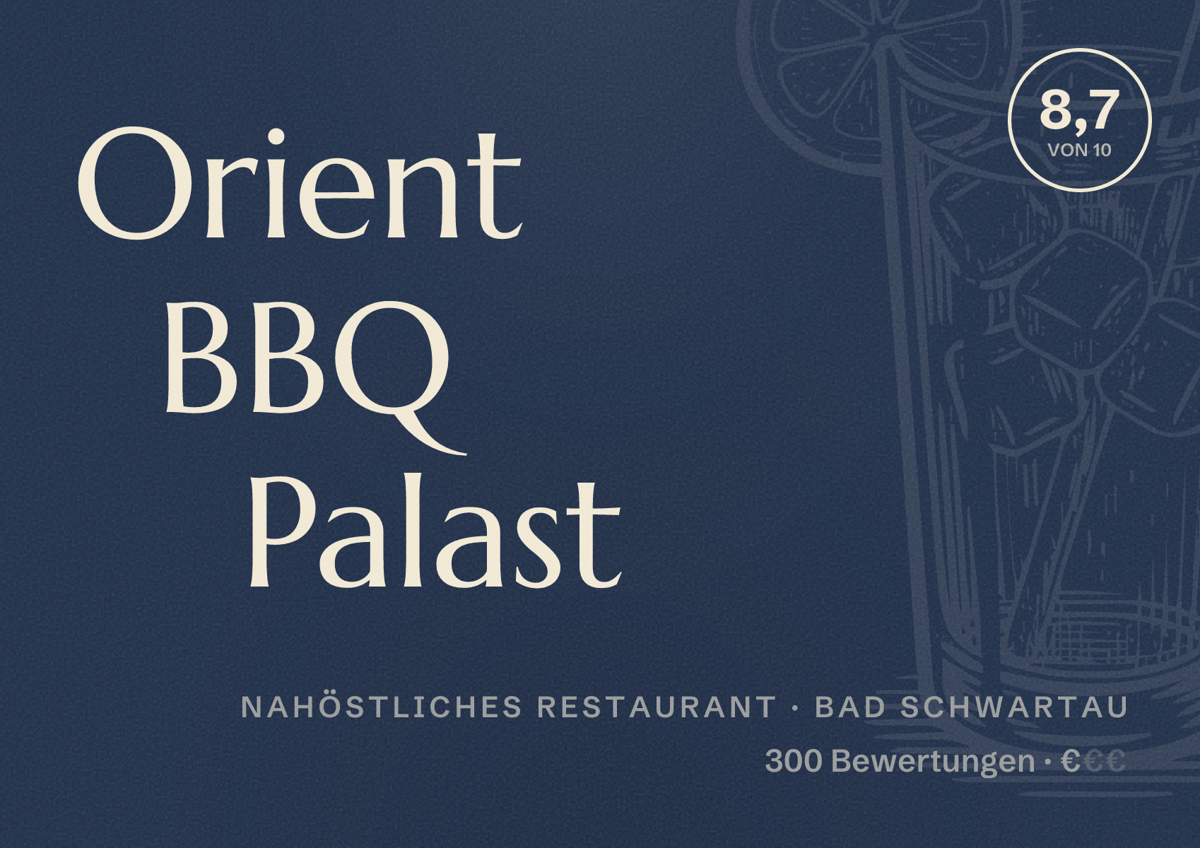 Illustriertes Poster von Orient BBQ Palast, Nahöstliches Restaurant in Bad Schwartau: Bewertung 8,7 von 10 aus 300 Bewertungen, Preisniveau €