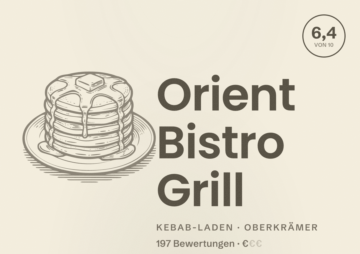 Illustriertes Poster von Orient Bistro Grill, Kebab-Laden in Oberkrämer: Bewertung 6,4 von 10 aus 197 Bewertungen, Preisniveau €