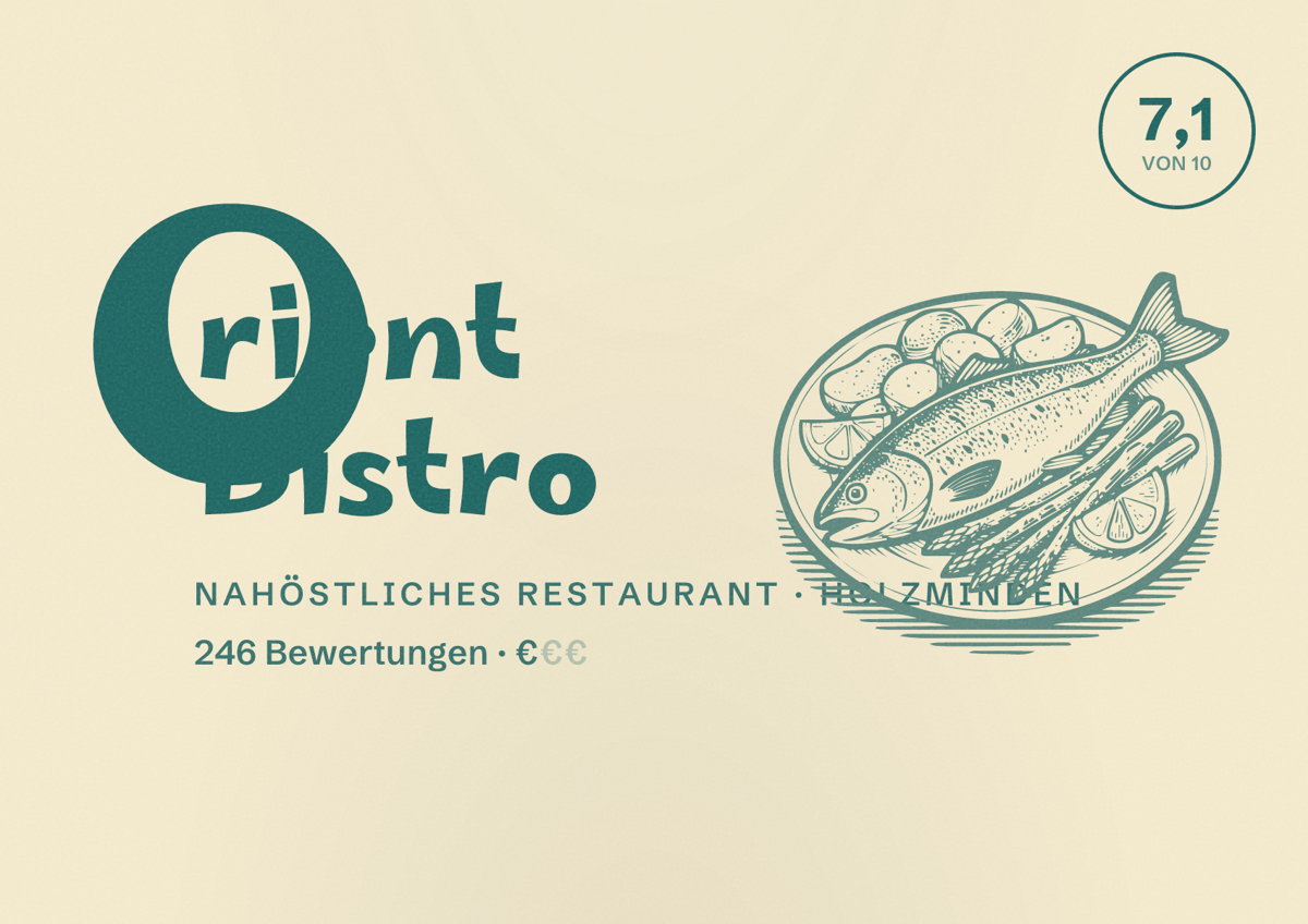 Illustriertes Poster von Orient Bistro, Nahöstliches Restaurant in Holzminden: Bewertung 7,1 von 10 aus 246 Bewertungen, Preisniveau €