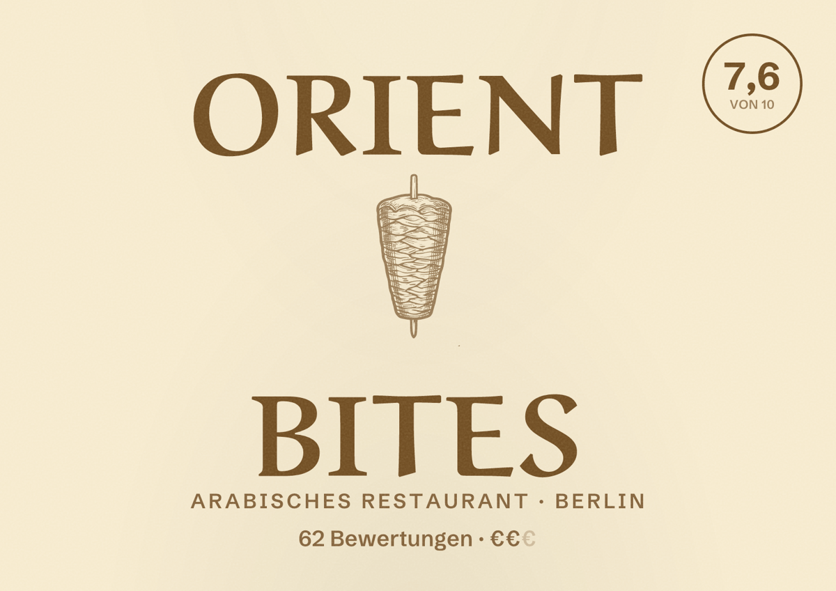 Illustriertes Poster von ORIENT BITES, Arabisches Restaurant in Berlin: Bewertung 7,6 von 10 aus 62 Bewertungen, Preisniveau €€