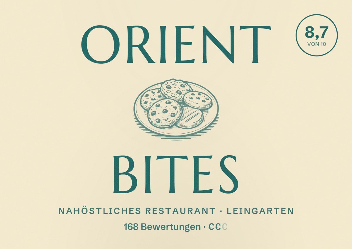 Illustriertes Poster von Orient Bites, Nahöstliches Restaurant in Leingarten: Bewertung 8,7 von 10 aus 168 Bewertungen, Preisniveau €€