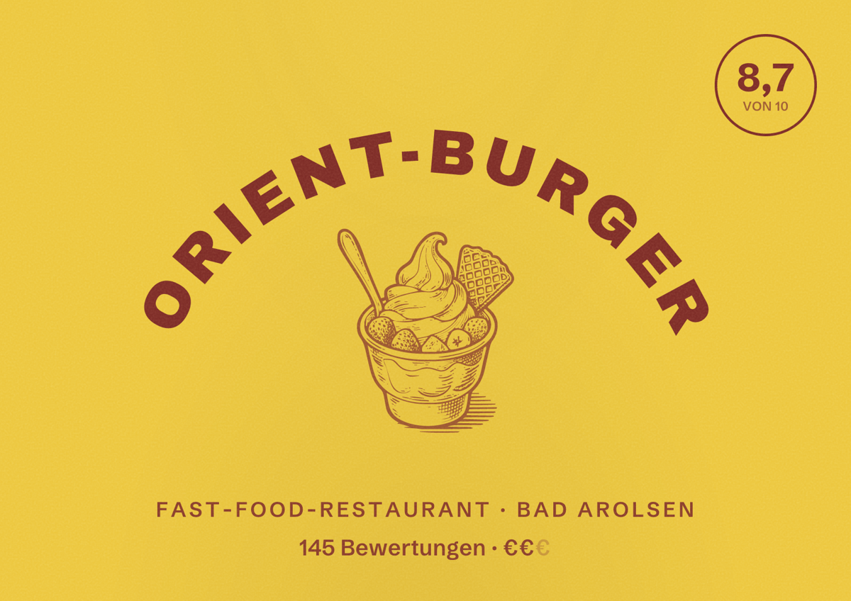 Illustriertes Poster von Orient-Burger, Fast-Food-Restaurant in Bad Arolsen: Bewertung 8,7 von 10 aus 145 Bewertungen, Preisniveau €€