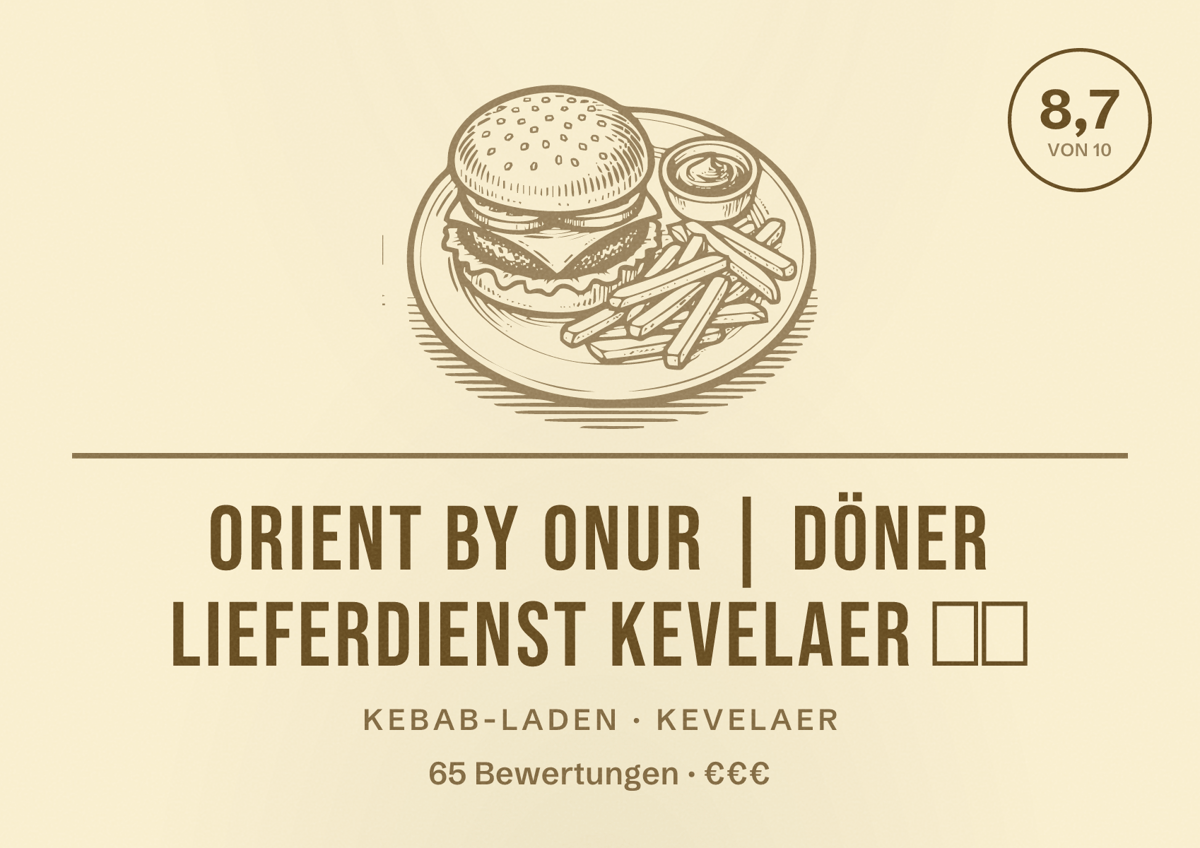 Illustriertes Poster von Orient by Onur | Döner Lieferdienst Kevelaer 🥙🔥, Kebab-Laden in Kevelaer: Bewertung 8,7 von 10 aus 65 Bewertungen, Preisniveau €€€
