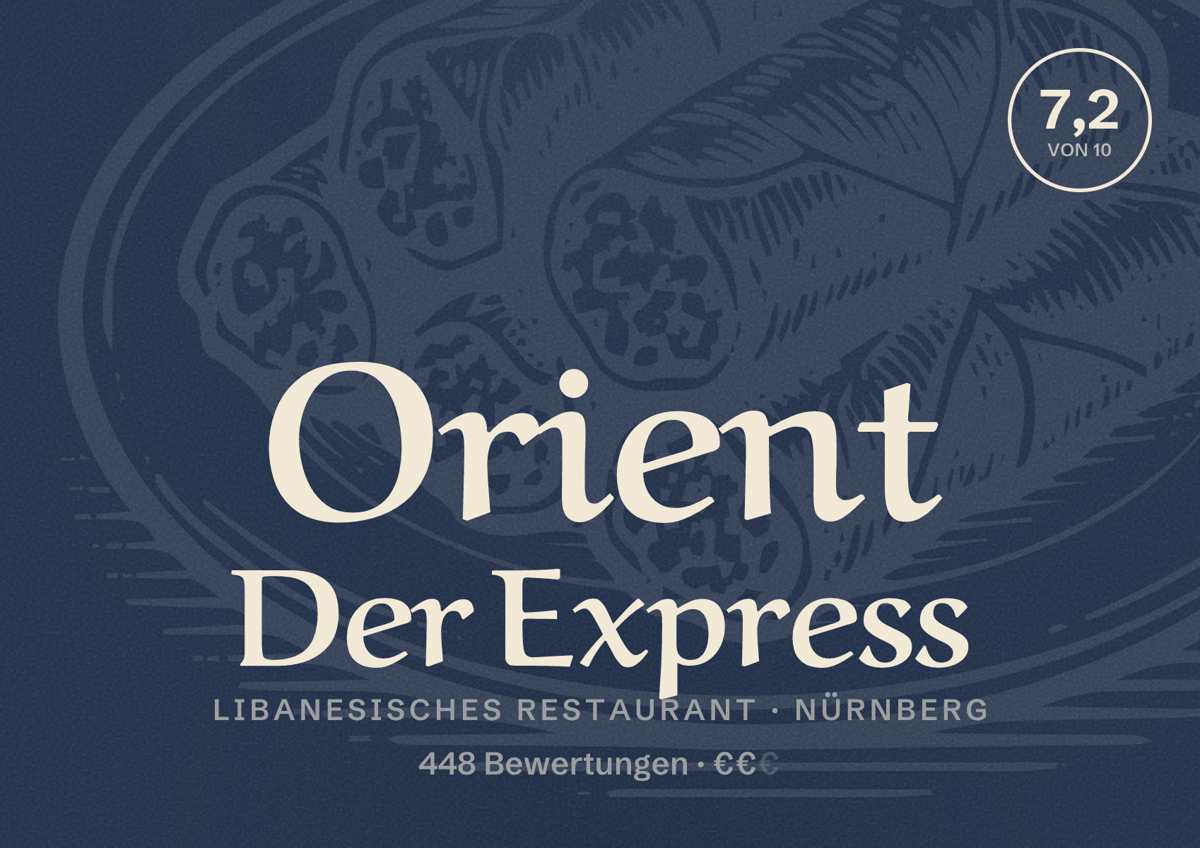 Illustriertes Poster von Orient Der Express, Libanesisches Restaurant in Nürnberg: Bewertung 7,2 von 10 aus 448 Bewertungen, Preisniveau €€
