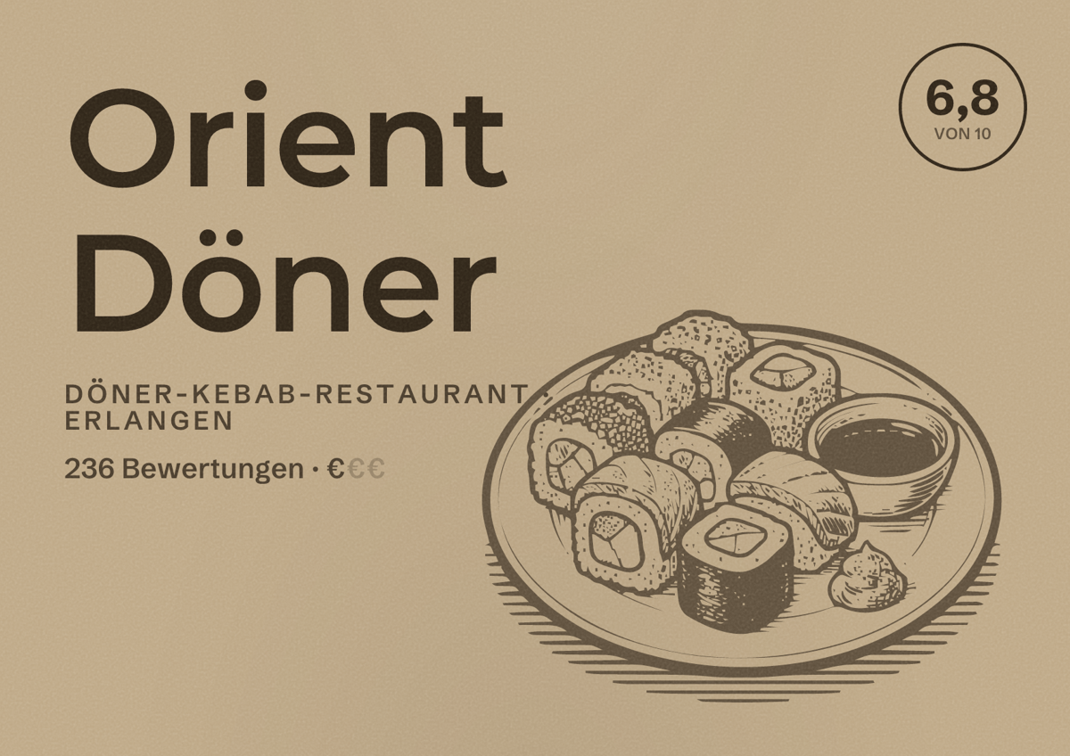 Illustriertes Poster von Orient Döner, Döner-Kebab-Restaurant in Erlangen: Bewertung 6,8 von 10 aus 236 Bewertungen, Preisniveau €