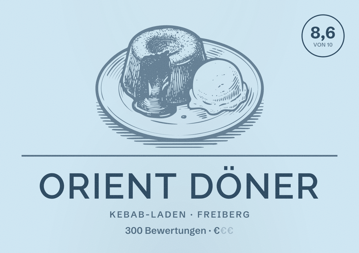 Illustriertes Poster von Orient Döner, Kebab-Laden in Freiberg: Bewertung 8,6 von 10 aus 300 Bewertungen, Preisniveau €