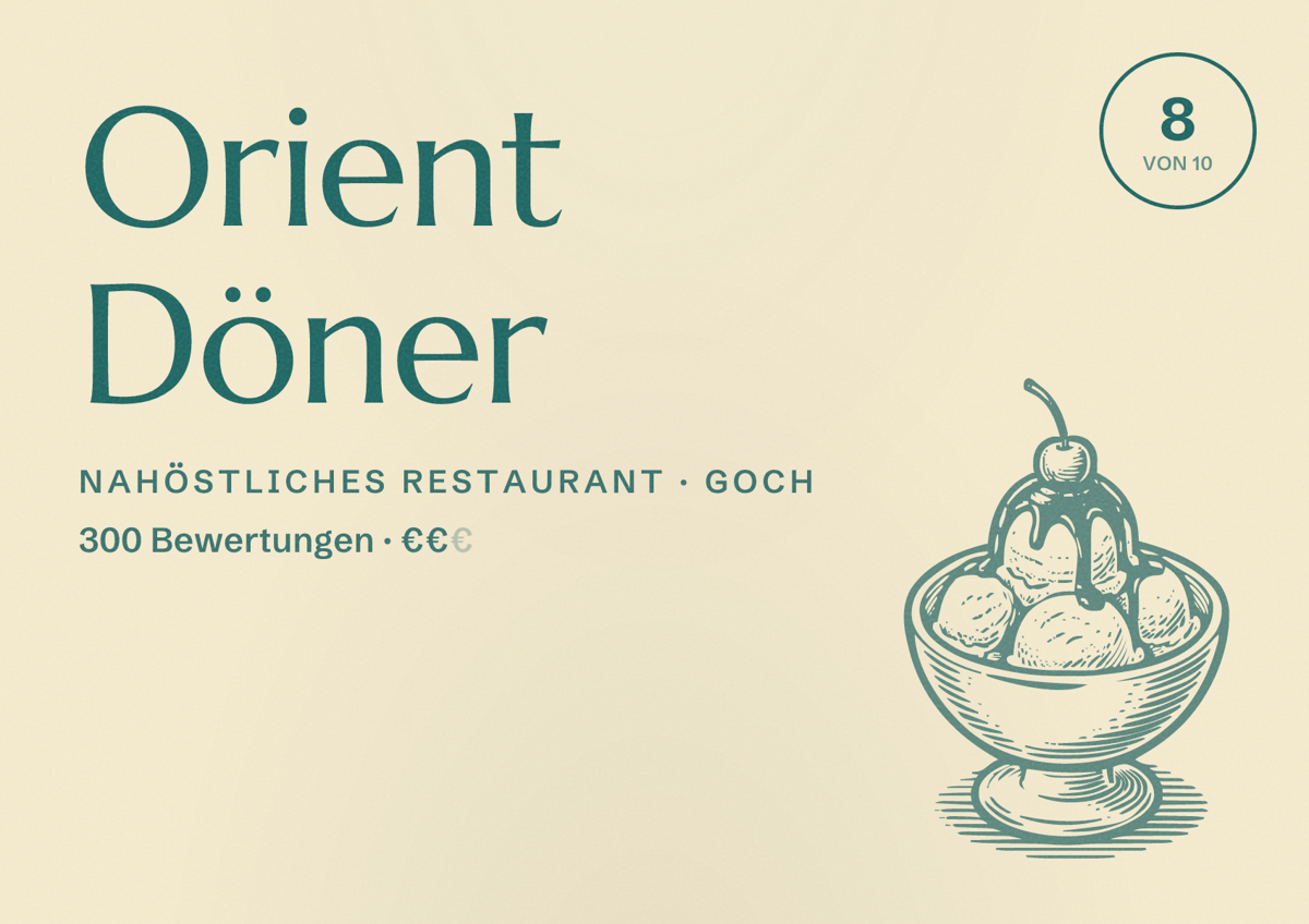 Illustriertes Poster von Orient Döner, Nahöstliches Restaurant in Goch: Bewertung 8 von 10 aus 300 Bewertungen, Preisniveau €€
