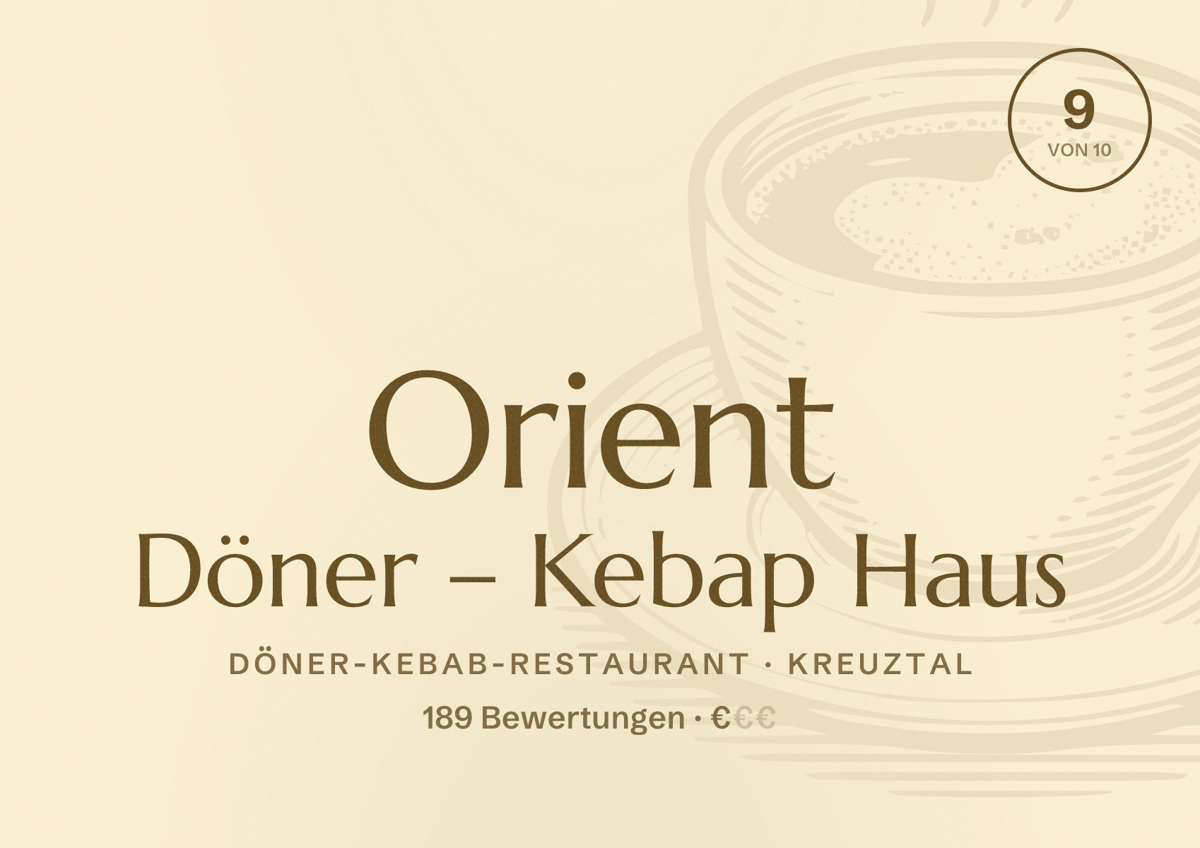 Illustriertes Poster von Orient Döner – Kebap Haus, Döner-Kebab-Restaurant in Kreuztal: Bewertung 9 von 10 aus 189 Bewertungen, Preisniveau €