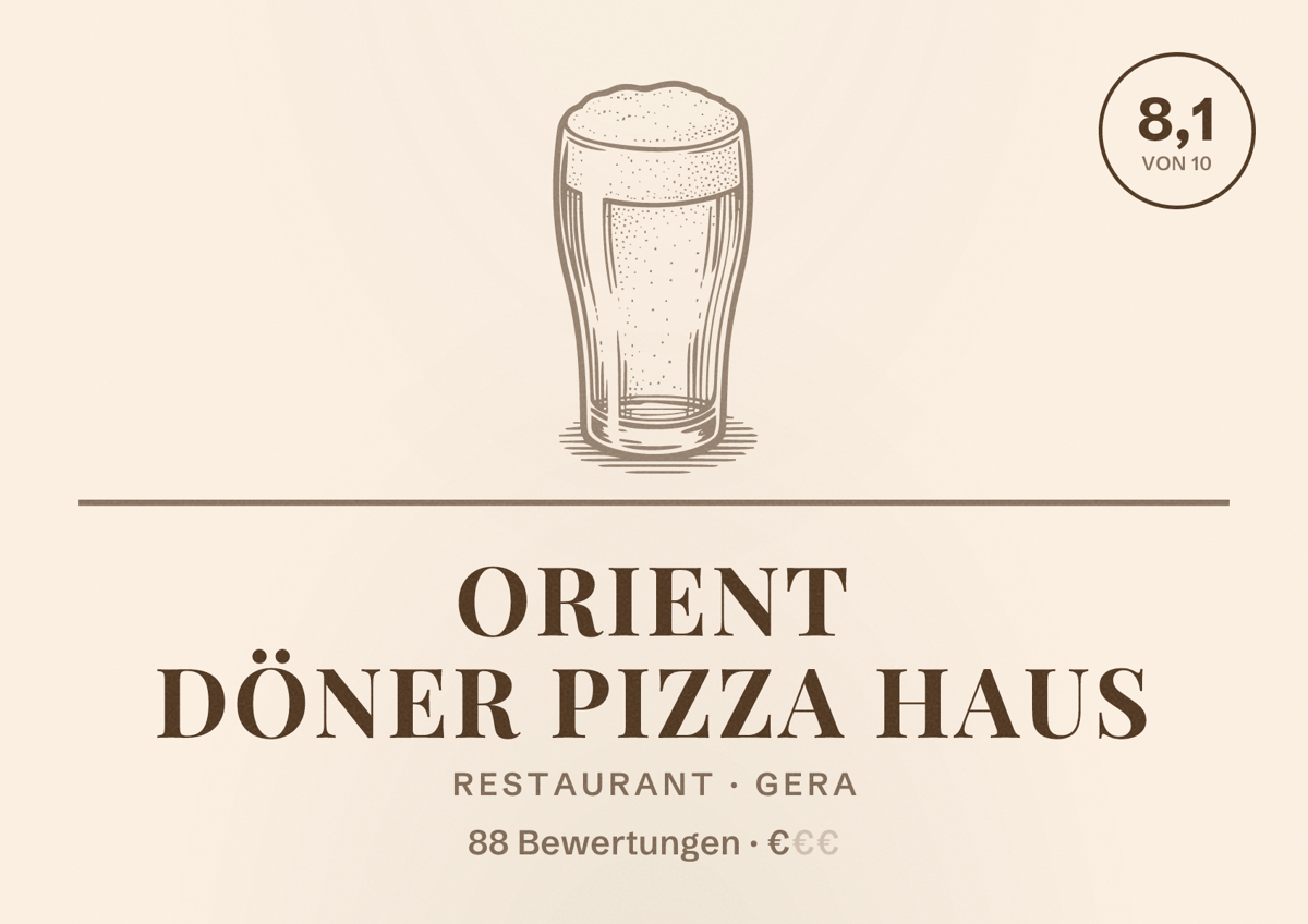 Illustriertes Poster von Orient Döner Pizza Haus, Restaurant in Gera: Bewertung 8,1 von 10 aus 88 Bewertungen, Preisniveau €