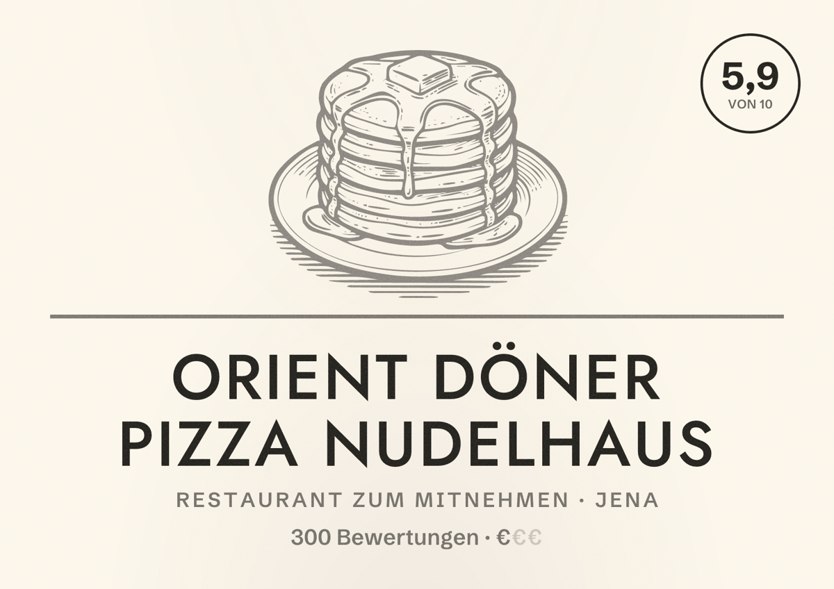 Illustriertes Poster von Orient Döner Pizza Nudelhaus, Restaurant zum Mitnehmen in Jena: Bewertung 5,9 von 10 aus 300 Bewertungen, Preisniveau €