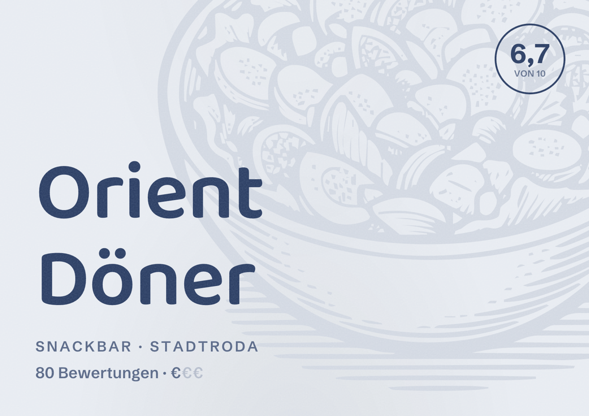 Illustriertes Poster von Orient Döner, Snackbar in Stadtroda: Bewertung 6,7 von 10 aus 80 Bewertungen, Preisniveau €