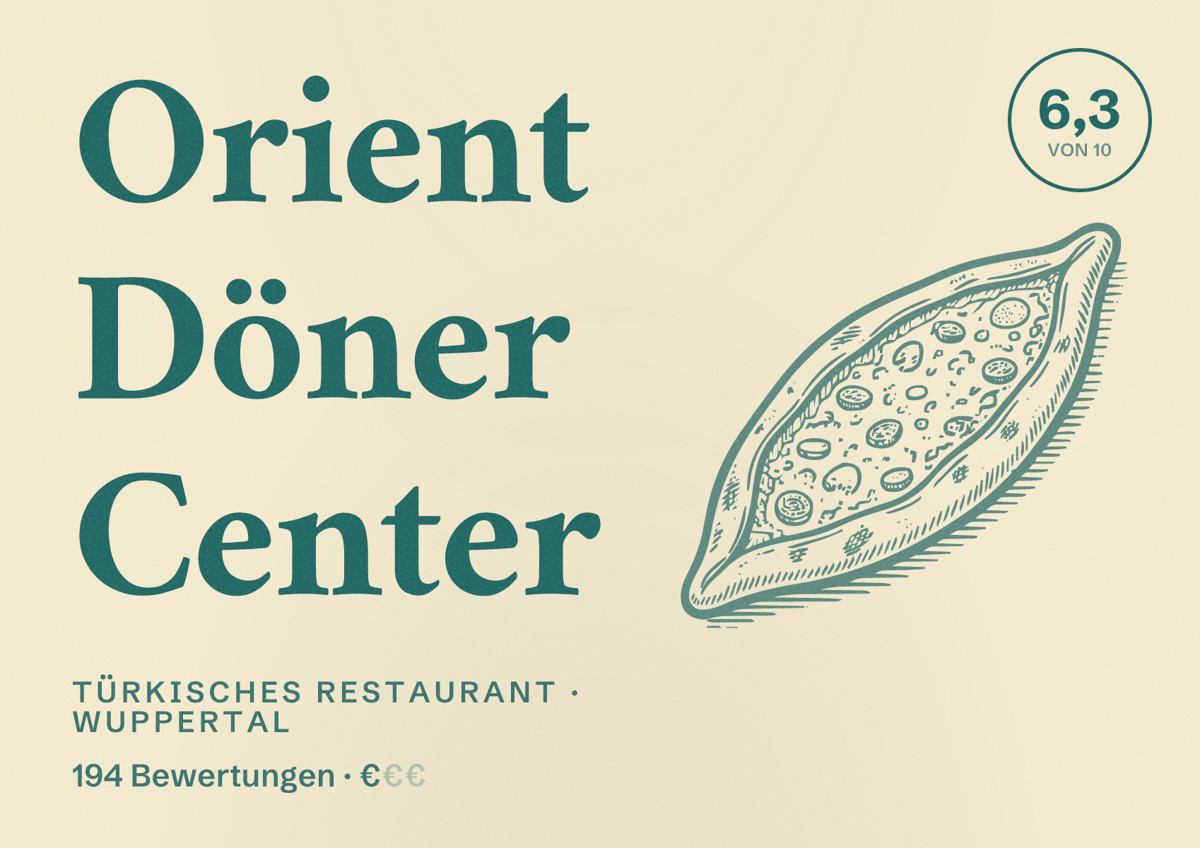 Illustriertes Poster von Orient Döner Center, Türkisches Restaurant in Wuppertal: Bewertung 6,3 von 10 aus 194 Bewertungen, Preisniveau €