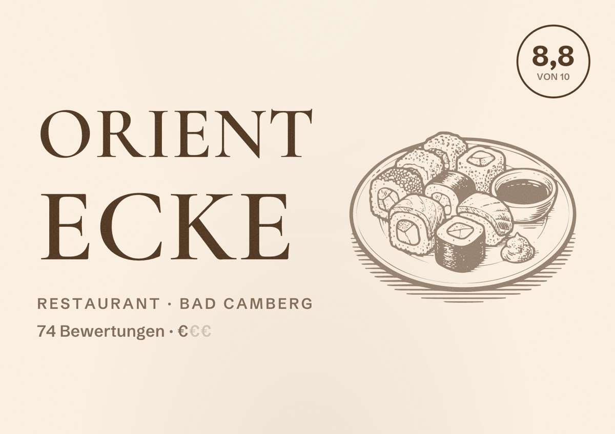 Illustriertes Poster von Orient Ecke, Restaurant in Bad Camberg: Bewertung 8,8 von 10 aus 74 Bewertungen, Preisniveau €