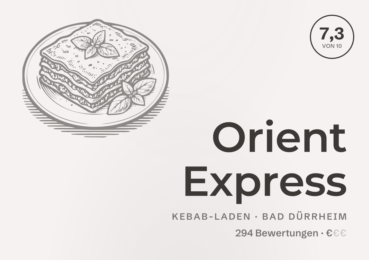 Illustriertes Poster von Orient Express, Kebab-Laden in Bad Dürrheim: Bewertung 7,3 von 10 aus 294 Bewertungen, Preisniveau €