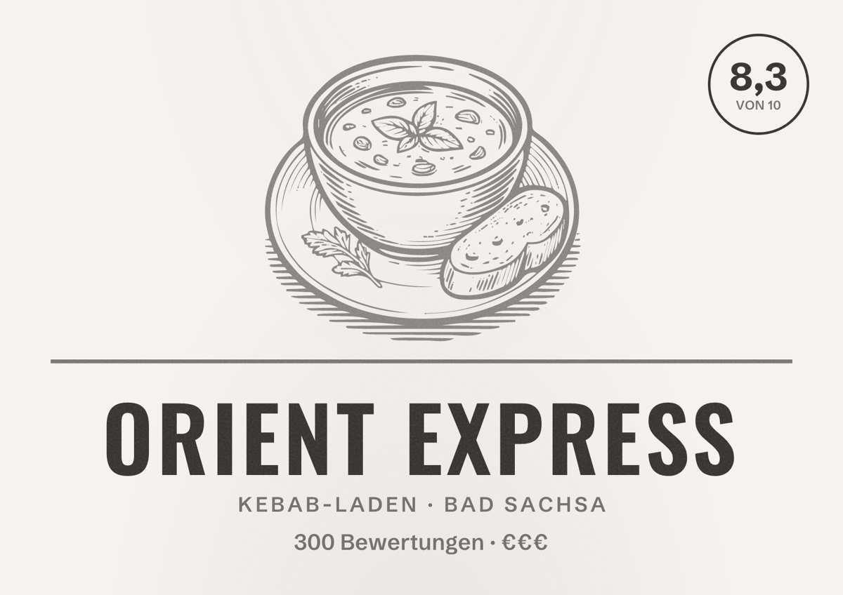 Illustriertes Poster von Orient Express, Kebab-Laden in Bad Sachsa: Bewertung 8,3 von 10 aus 300 Bewertungen, Preisniveau €€€