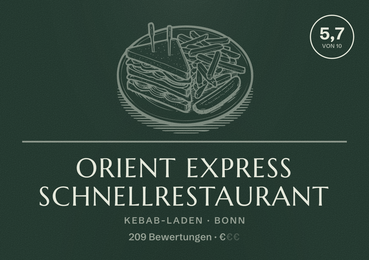 Illustriertes Poster von Orient Express Schnellrestaurant, Kebab-Laden in Bonn: Bewertung 5,7 von 10 aus 209 Bewertungen, Preisniveau €