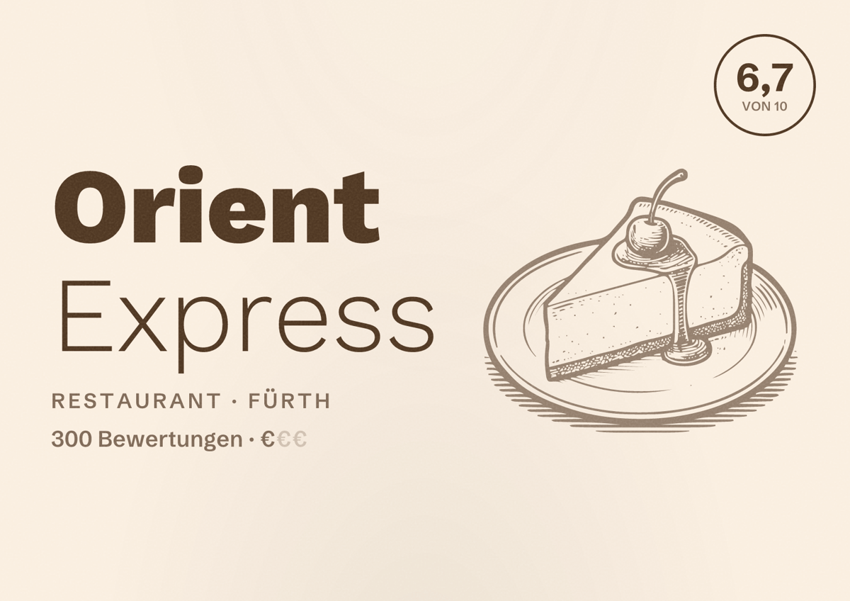 Illustriertes Poster von Orient Express, Restaurant in Fürth: Bewertung 6,7 von 10 aus 300 Bewertungen, Preisniveau €