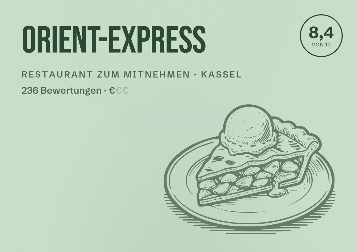Illustriertes Poster von Orient-Express, Restaurant zum Mitnehmen in Kassel: Bewertung 8,4 von 10 aus 236 Bewertungen, Preisniveau €