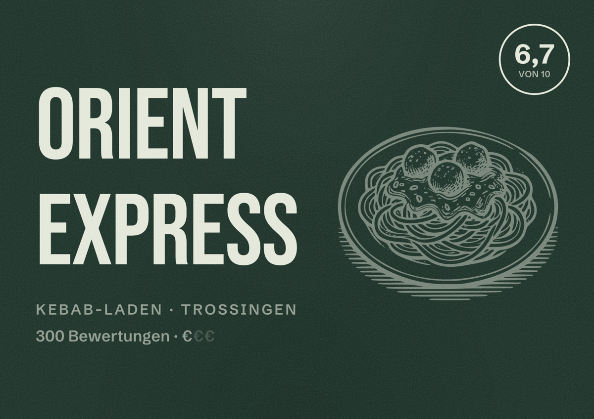 Illustriertes Poster von Orient Express, Kebab-Laden in Trossingen: Bewertung 6,7 von 10 aus 300 Bewertungen, Preisniveau €