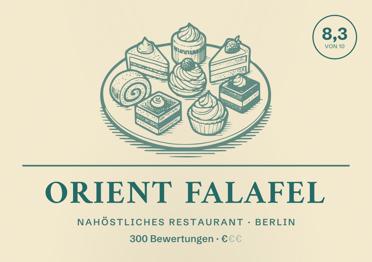 Illustriertes Poster von Orient Falafel, Nahöstliches Restaurant in Berlin: Bewertung 8,3 von 10 aus 300 Bewertungen, Preisniveau €