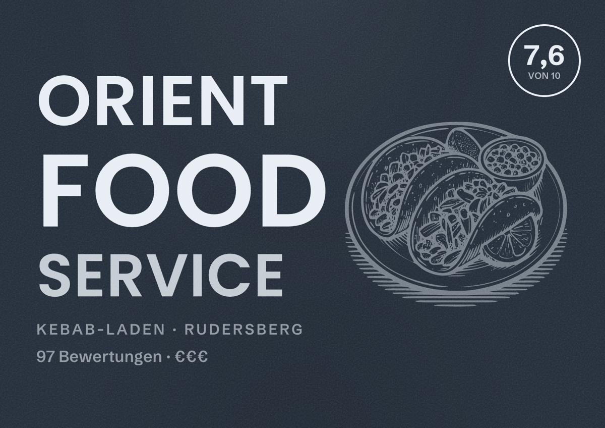 Illustriertes Poster von Orient Food Service, Kebab-Laden in Rudersberg: Bewertung 7,6 von 10 aus 97 Bewertungen, Preisniveau €€€