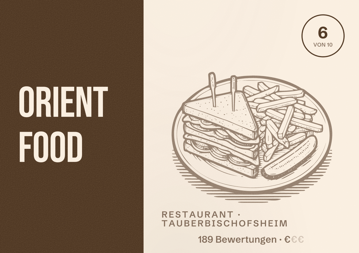 Illustriertes Poster von ORIENT FOOD, Restaurant in Tauberbischofsheim: Bewertung 6 von 10 aus 189 Bewertungen, Preisniveau €