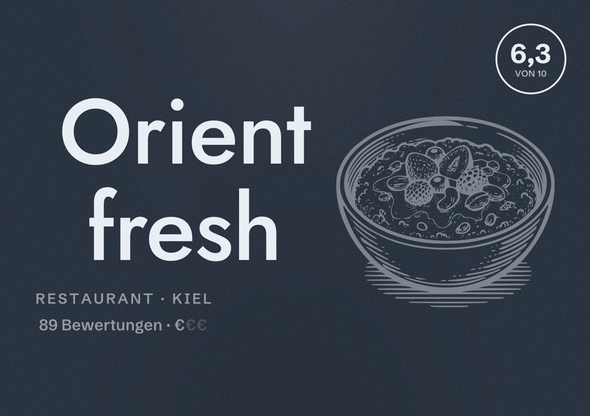 Illustriertes Poster von Orient fresh, Restaurant in Kiel: Bewertung 6,3 von 10 aus 89 Bewertungen, Preisniveau €