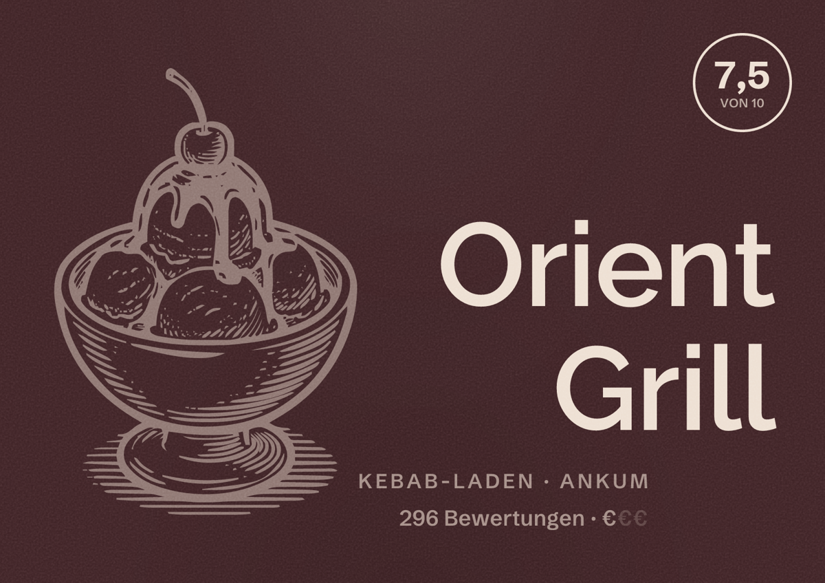 Illustriertes Poster von Orient Grill, Kebab-Laden in Ankum: Bewertung 7,5 von 10 aus 296 Bewertungen, Preisniveau €