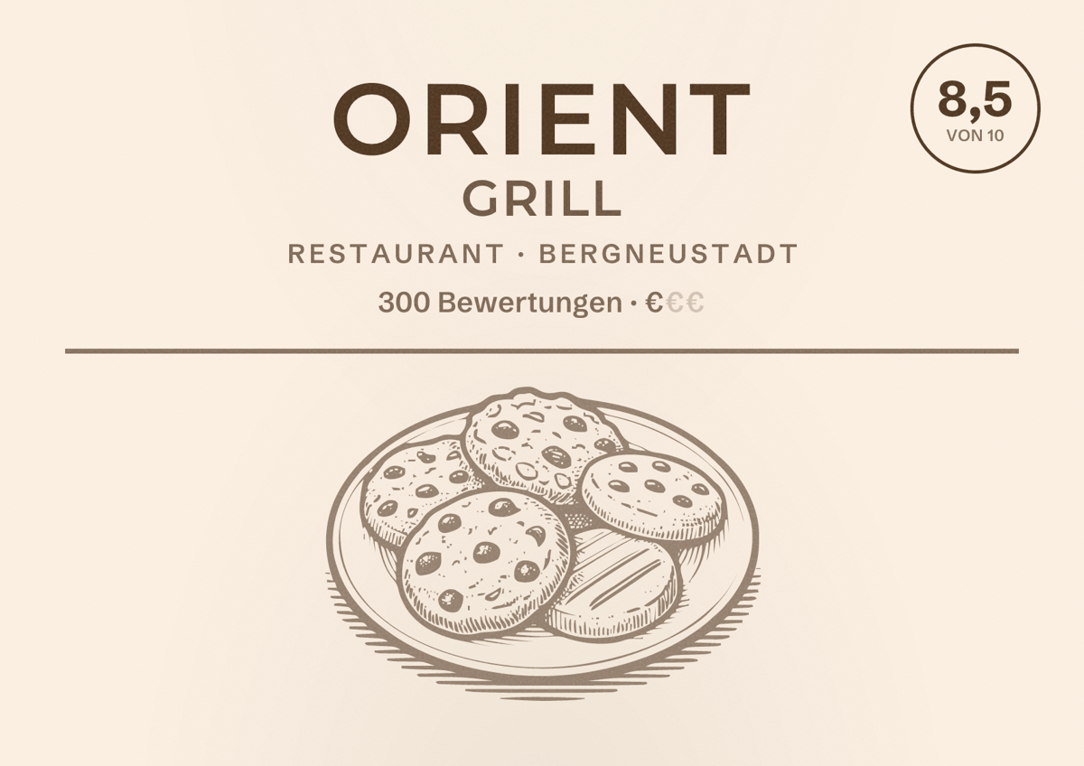 Illustriertes Poster von Orient Grill, Restaurant in Bergneustadt: Bewertung 8,5 von 10 aus 300 Bewertungen, Preisniveau €