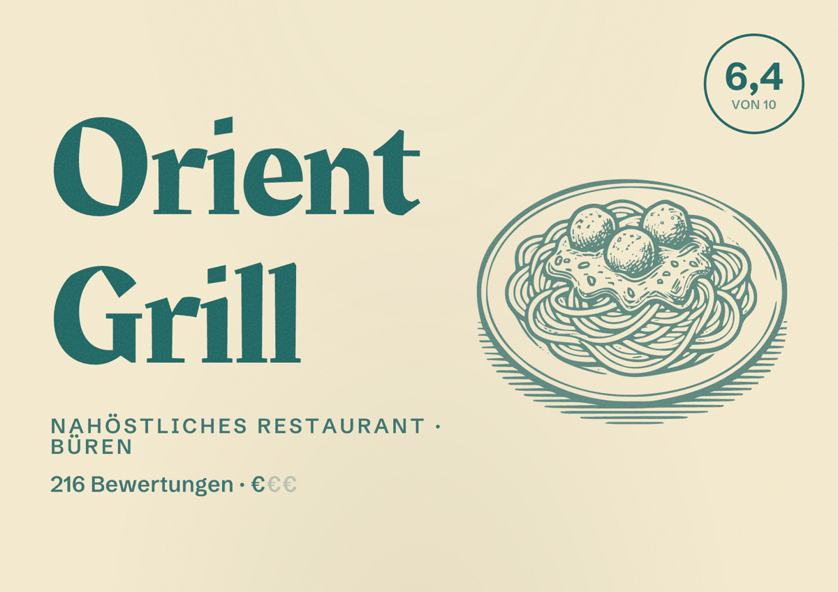 Illustriertes Poster von Orient Grill, Nahöstliches Restaurant in Büren: Bewertung 6,4 von 10 aus 216 Bewertungen, Preisniveau €
