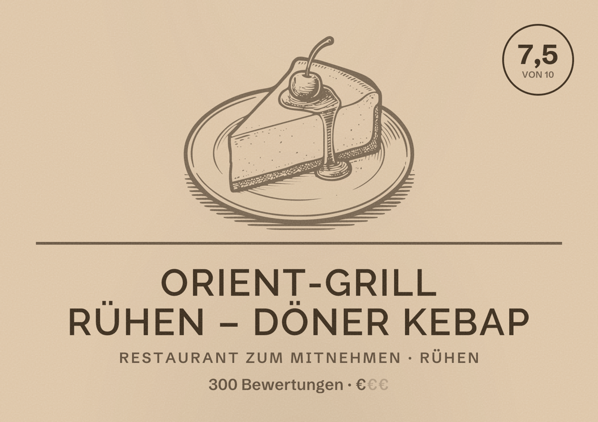 Illustriertes Poster von Orient-Grill Rühen – Döner Kebap, Restaurant zum Mitnehmen in Rühen: Bewertung 7,5 von 10 aus 300 Bewertungen, Preisniveau €