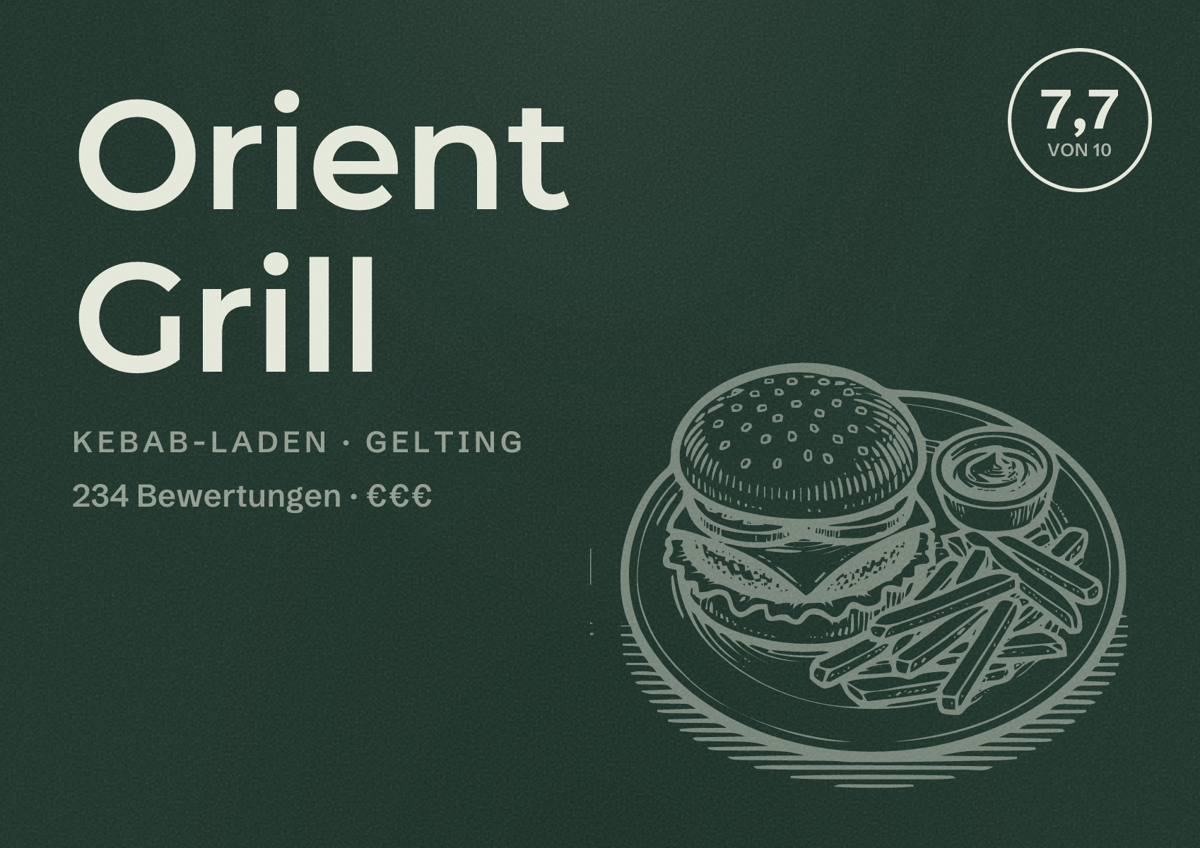 Illustriertes Poster von Orient Grill, Kebab-Laden in Gelting: Bewertung 7,7 von 10 aus 234 Bewertungen, Preisniveau €€€