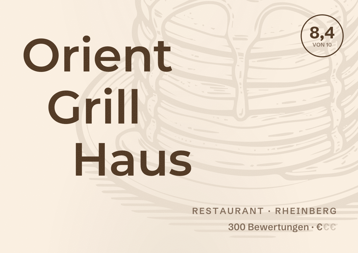 Illustriertes Poster von Orient Grill Haus, Restaurant in Rheinberg: Bewertung 8,4 von 10 aus 300 Bewertungen, Preisniveau €