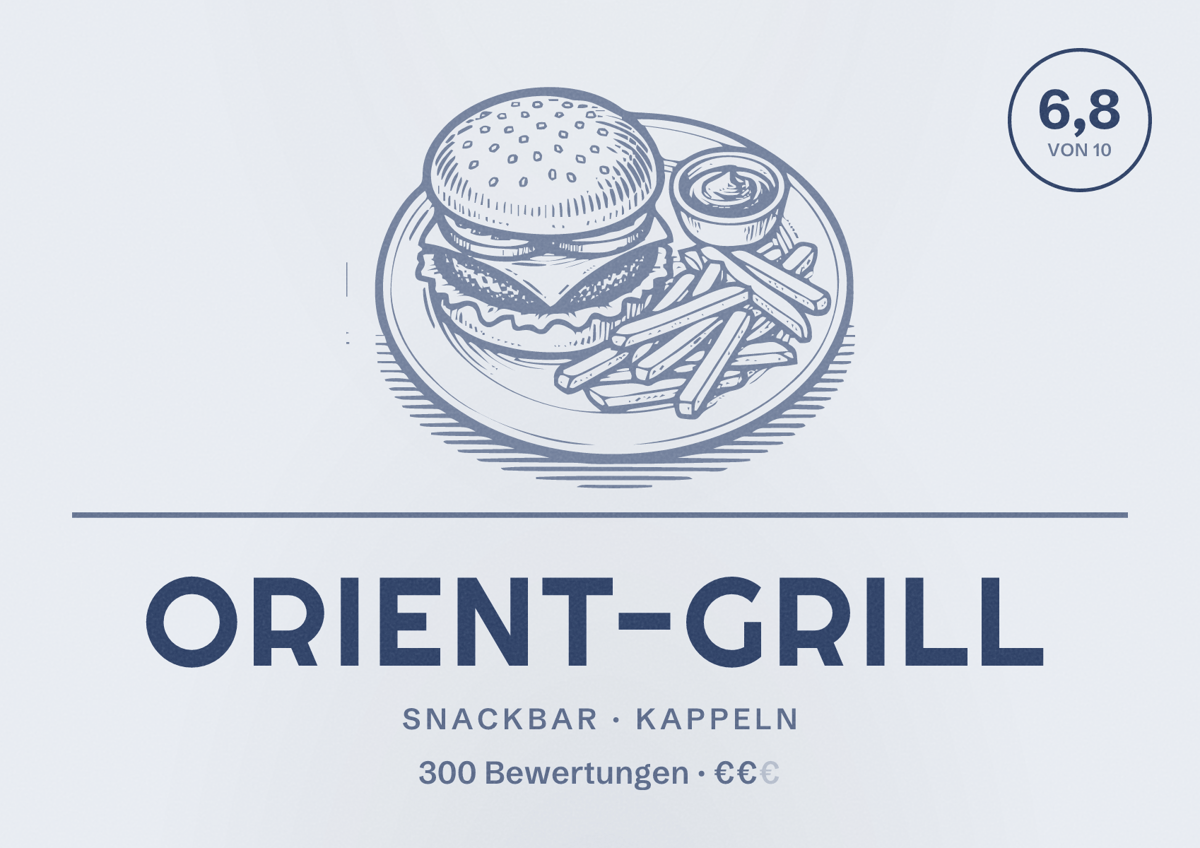 Illustriertes Poster von Orient-Grill, Snackbar in Kappeln: Bewertung 6,8 von 10 aus 300 Bewertungen, Preisniveau €€