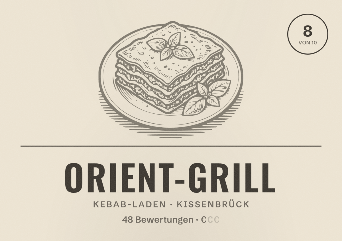 Illustriertes Poster von Orient-Grill, Kebab-Laden in Kissenbrück: Bewertung 8 von 10 aus 48 Bewertungen, Preisniveau €