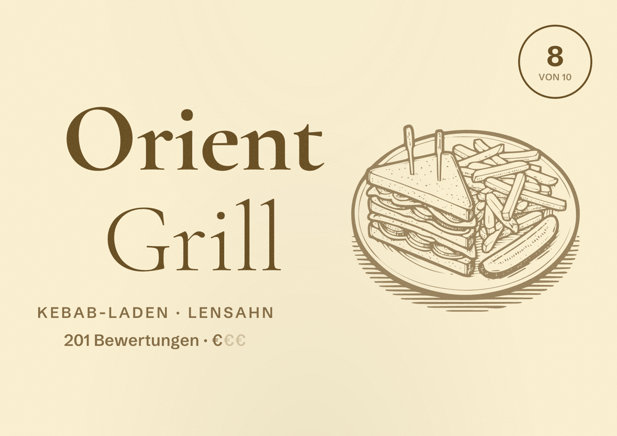 Illustriertes Poster von Orient Grill, Kebab-Laden in Lensahn: Bewertung 8 von 10 aus 201 Bewertungen, Preisniveau €