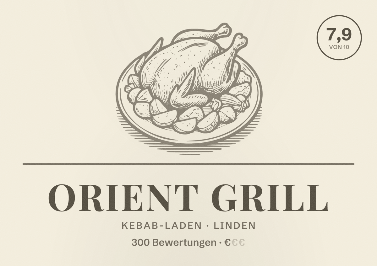 Illustriertes Poster von Orient Grill, Kebab-Laden in Linden: Bewertung 7,9 von 10 aus 300 Bewertungen, Preisniveau €