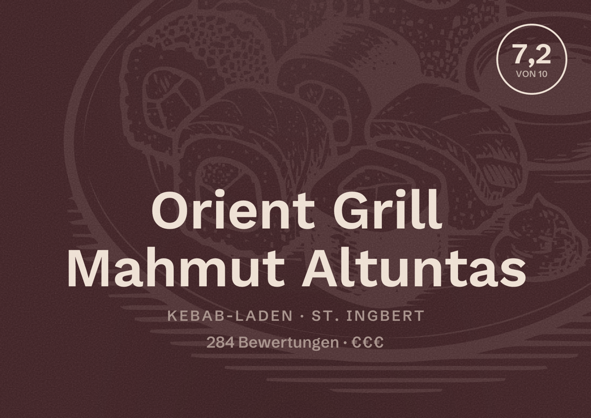 Illustriertes Poster von Orient Grill Mahmut Altuntas, Kebab-Laden in St. Ingbert: Bewertung 7,2 von 10 aus 284 Bewertungen, Preisniveau €€€